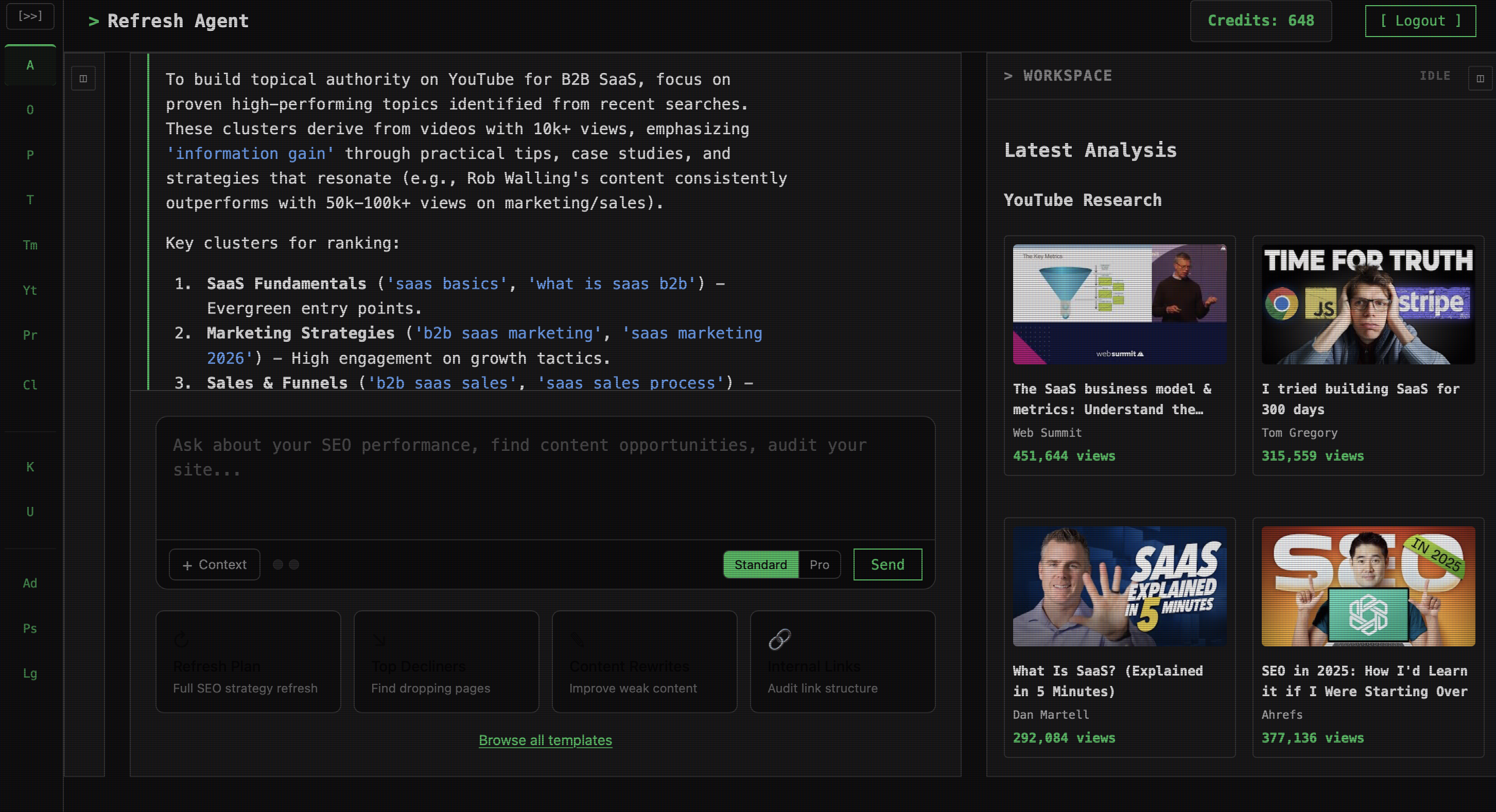 YouTube Video Idea Generator showing keyword clusters and video research for B2B SaaS